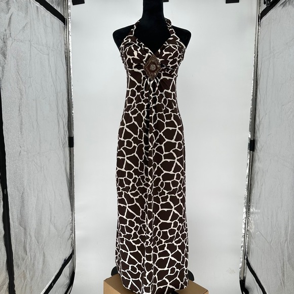 Heart Soul Dresses & Skirts - Y2K Heart Soul Brown Halter Giraffe Animal Print Maxi Beaded Dress Sz Medium